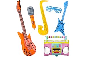 taonganui 6 Stück Aufblasbares Rockstar Spielzeug, Aufblasbares Radio,Bass,Gitarre,Saxophon,Mikrofon, 80er 90er Party Dekorationen,Hip Hop Kostüm für Rockmusik Karnevals Party Zubehör