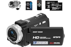 ORDRO V12 kamera wideo 1080p, 30 kl./s, widoczność w nocy, vlogowanie do YouTube, 16 x zoom cyfrowy z mini mikrofonem, pilotem zdalnego sterowania i 2 bateriami