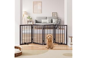 Semiocthome Freestanding Dog Gates and Barriers Indoor Pet Gates for Doorways and Stairs 60cm (H)- 4 Panels Puppy Gate with 2 Metals Stands Adjustable Safety Fence Fit Up to 188cm - Espresso