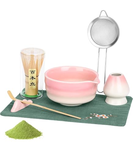 Set Ceramica Matcha Frusta Bamboo Ciotola Colino Rosa Set Matcha Giapponese BAIFULAI - Ciotola, Frusta Bambù, Colino, Porta Frusta, Colore Rosa Accessori Tè Verde - 4