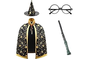 Aoiuenok 4-teiliges Hexe Zauberer Umhang, Kinder Halloween Kostüm, Halloween Zauberer Umhang, Bestehend aus Zauberer Cape, Zauberstab, Brille,und Zauberhut, für Jungen Mädchen 3-12 Jahre