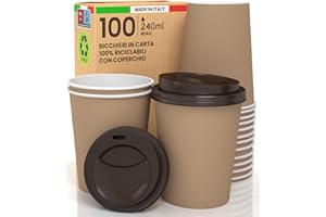 BACIATO CAFFÈ 100 Verres en Papier avec Couvercles pour Emporter, 240ml, Écologiques, Biodégradables et Jetables, Résistant à la Chaleur, Boissons Froides, Boissons Chaudes, Café, CAPPUCCINO
