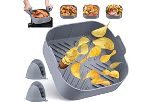 BISNIE Silikonform Für Heißluftfritteuse, 20cm Air Fryer Silicone Pot Wiederverwendbar Luftfritteuse Silikontopf mit zwei Ofenhandschuhen, Hitzebeständig Einfache Reinigung für Mikrowelle Ofenzubehör