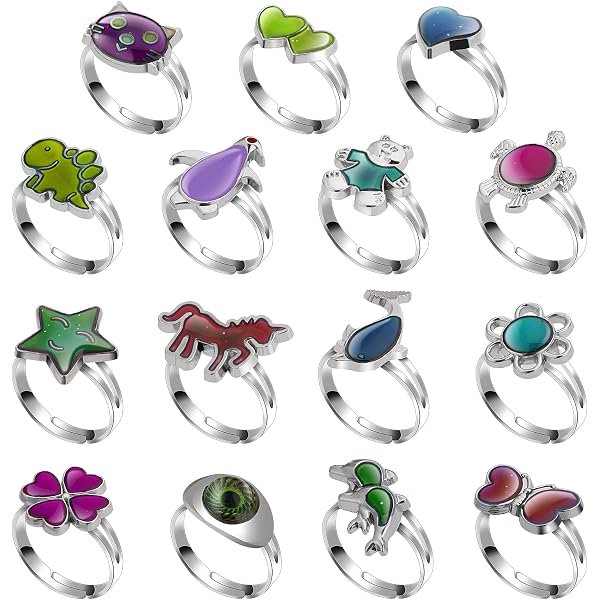 DvBCNMe Lot de 4 bagues d'humeur, dinosaures d'humeur, changement de couleur, émotion, température, bague de doigt réglable, motif animal, bijoux amusants, pour fête, cadeau d'anniversaire