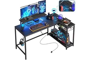 Bestier 132.5CM L-Shaped Workstation with Carbon Fibre Surface, 3 Power Outlets & 2 USB Ports, LED Strip Lights – Reversible Corner Unit with Shelves & Hooks for Home Office & Gaming