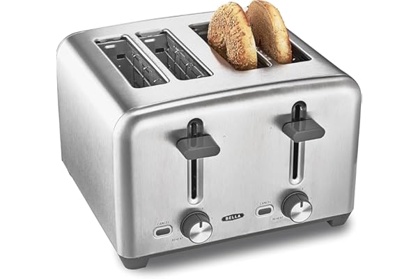 bella Grille-pain 4 tranches avec fentes extra-larges et tiroir ramasse-miettes amovible, 6 réglages de dorage, fonctions d’arrêt automatique et de réchauffage, pour griller du pain et des bagels