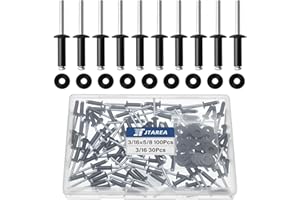 JTAREA 130 Stück 4,8 × 16 mm Aluminium Blindnieten mit Unterlegscheiben Pop Nieten Popnieten Blindniete Großkopf Alu Kernnieten mit Rundem Kopf (Schwarz)