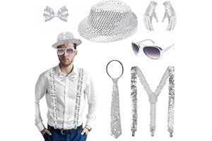 GYHWOFUL Glitzer Outfit Herren Damen, Glitzer Accessoires - Glitzer Fliege, Krawatte, Glitzer Hut, Handschuh, Hosenträger, Sonnenbrille, 80 Jahre Kostüm für Karneval Silvester Disco Pailletten Outfit