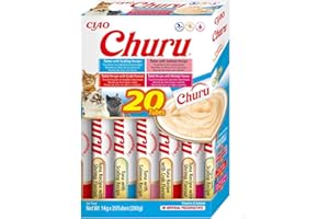 INABA Churu Snack per Gatti Cremoso in 4 Varietà al Tonno e Frutti di Mare - 20 Stick x 14g - Cibo per Gatti da Leccare, Sano e Delizioso - Snack Gatto Senza Conservanti o Coloranti Artificiali