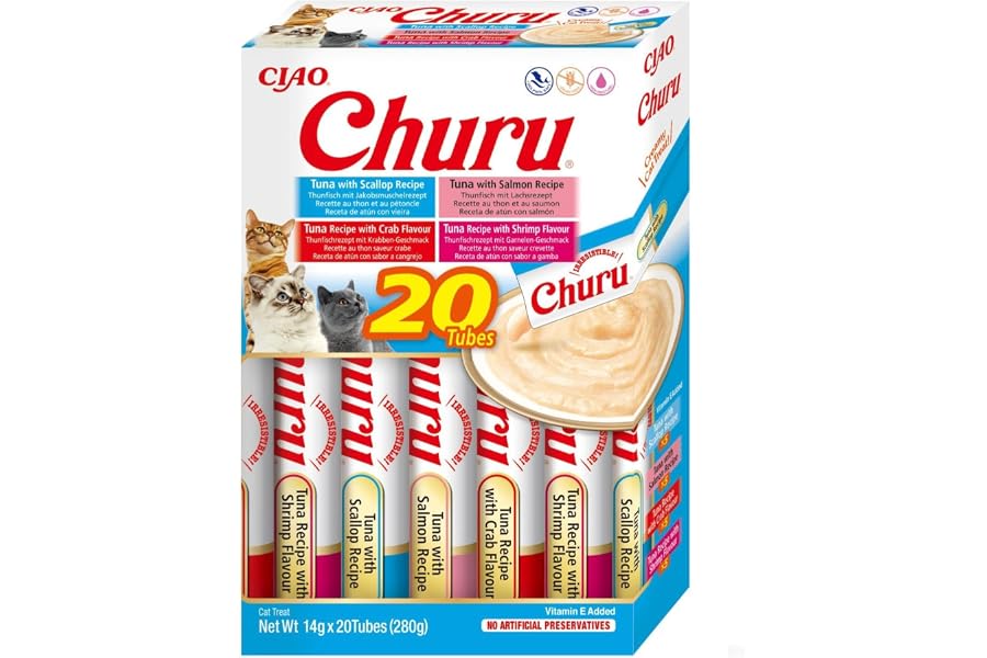INABA Churu Gatos - 4 Recetas de Snacks Saludables a Base de Atún - Deliciosos Premios con Textura Suave y Cremosa - Natural,