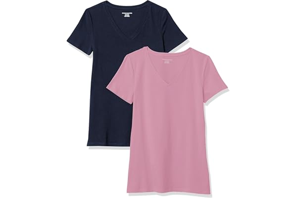 Amazon Essentials T-Shirt à Manches Courtes, Coupe Standard (Ras-de-Cou et Col en V) Femme, Packs Multiples