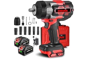 ONEVAN Cordless Impact Wrench Impact Gun - 1253.9 ft·lbs (1700 N.m)Max Torque Brushless Impact Wrenches, 3 Speed Forward and 2 Reverse Impact Driver, 2*4.0Ah Batteries, 6 Sockets, for Car Tyre Change