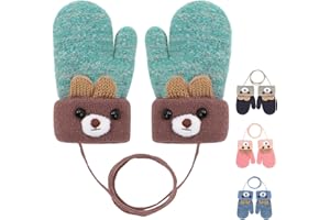 Becellen Rękawiczki dla niemowląt, ciepłe, miękkie rękawiczki z dzianiny ze smyczą na klucze, śliczny wzór z kreskówki, rękawiczki dziecięce, podwójne, zimowe rękawiczki dla dzieci w wieku 0-3 lat,