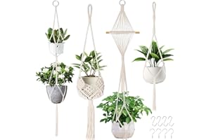CALENXY Set of 4 Macrame Hanging Baskets Indoor Boho Decorative Cotton Rope Hanging Basket with Hooks Flower Pot Plant Holder Hanger for Indoor Outdoor Ceiling Balcony Wall Decoration
