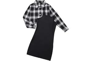 URMAGIC Kids Girl 2 Piece Outfits Teen Girls Sleeveless Bodycon Dress with Crop Jacket Children Plaid Long Sleeve Tops Shirts + Cami Short Dress Set Clothes