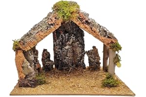 Acan Tradineur - Cueva/Portal de belén de Corcho, Pesebre con Techo Triangular y Musgo para Nacimiento, Figura de Navidad, Adorno, decoración Tradicional - 30 x 20 x 23 cm