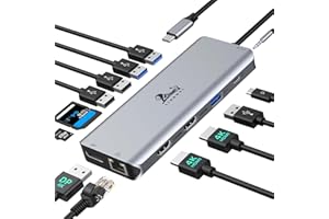 LIONWEI USB C Laptop Docking Station 3 Monitores 13 en 1 Dockingstation con 2 HDMI+DisplayPort + USB 3.0, USB2.0, 100W PD, Ethernet, SD/Micro SD Lector de Tarjetas SD, Audio/Mic, USB C Hub