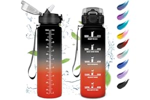 KollyKolla Bouteille 1L, Gourde Sport avec Paille, Gourde Grande Marqueur de Temps, Reutilisable, Bouteille d'eau Étanche, pour Running, Fitness, Yoga, Bureau, Gym