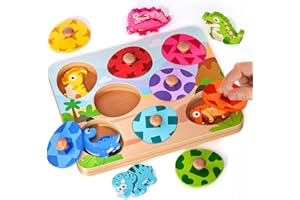 WINSTICO Dinosaurs Peg Puzzles Wooden Toys for 1 Year Old,Montessori Toys for Boys Girls 12-18 Months Baby Birthday Gifts, Learning Educational Toys for Toddlers Kids Age 1 2 3