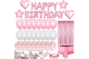 iZoeL Pink Birthday Party Decoration for Girls Happy Birthday Banner Baloons Fringe Curtain Foil Tablecloth Heart Star Foil Confetti Balloons and 10g Table Confetti for Women Birthday Party