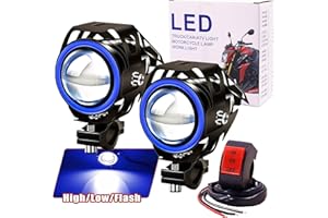 Ourbest 2x Motorcycle Headlights With Angel Eyes Lights U7 DRL Fog Driving Lamps for Cars Bike Boat ATV Front Spotlights High/Dim/Strobe 3 Modes Blue Color with Switch