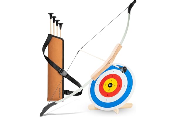 BOWRILLA Flèche et arc pour enfants avec 4 flèches à ventouse, cible en bois et carquois | Jouet de tir à l'arc pour enfants pour les jeux d'intérieur et d'extérieur à partir de 5 ans | Pour droitiers