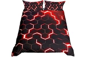 Homewish Honeycomb Bedding Set Single,Red Black Geometric Duvet Cover Neon Glitter Hexagon Comforter Cover For Kids Boys Teen Men Soft Lightweight Quilt Cover Bedroom Dorm Decor