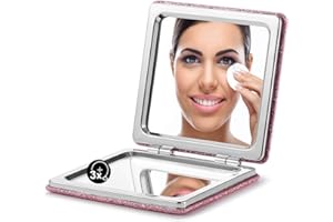 OMIRO Compact Makeup Mirror,1X/3X Magnifying Small Mirror with Glitter Pink PU Leather Cover,for Purse…