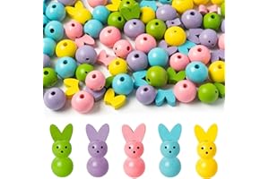 Haooryx 121Pcs Easter Bunny Wood Beads Colorful Cute Rabblt Round Bead DIY Craft Rustic Farmhouse Natural Wooden Bead Necklace Bracelet Jewelry Making Wall Tree Ornament Easter Party Decoration Supply