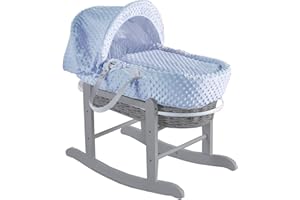 ELEGANT BABY Kinder Valley Blue Dimple Grey Wicker Moses Basket with Deluxe Grey Rocking Stand, Adjustable Hood & Padded Liner