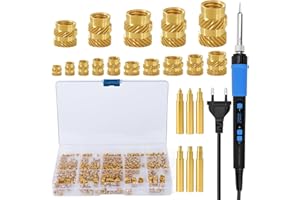 WOOWAIR 257 Stück Gewindeeinsätze Lötspitzen Set, 90W LED Einstellbar Temperatur Lötkolben mit 250Pcs Gewindeeinsätze Messing Einschmelzgewinde M2 M2.5 M3 M4 M5 M6, 6Pcs Lötkolben Einschmelzhilfe