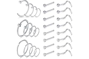 LAURITAMI 28pcs Nose Studs Silver Nose Rings Stainless Steel Thin Nose Bar Screw Hoop Set Diamond 18G 20G 6/8/10/12mm L-Shaped Nose Piercing Jewellery