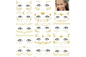 Vifoulal 14 Bögen Gesichts-Tattoos-Aufkleber, Metallic-Transfer-Tattoo, Wasserdichte Gesichtsjuwelen, schimmernde Glitzer-Gold-Tattoos für Frauen, Mädchen, Halloween, Make-up, Tänzer, Kostümpartys