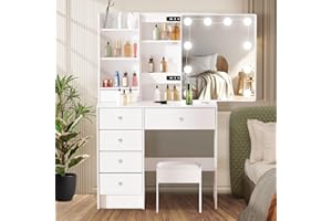Buildonely Dressing Table with Mirror and Stool, Vanity Table with LED Lights, Adjustable Brightness, 3 Color Temperatures, Makeup Desk with 6 Drawers and 4 Shelves, Modern, White, 80x36x131 cm