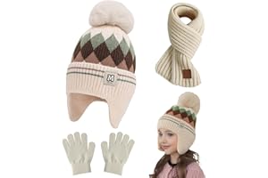 KASESSS 3 Piezas 3 in 1 Conjunto de Gorro Bufanda y Guantes Niñas, Niños Sombrero Caliente de Punto y Bufanda, Invierno Cálidos Beanie Bufandas Sombreros con Pompon para Niños y Niñas de 4 a 10 Años