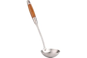 Louche à soupe Wok avec long manche en bois - Ustensiles en acier inoxydable 304