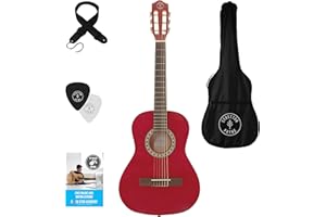 Left Hand Stretton Payne 3/4 Sized Kids age 7 to 11 Acoustic Guitar Package – Everything a Beginner Needs to Learn to Play - 36' inch Classical Nylon String Childs Guitar Pack - Red