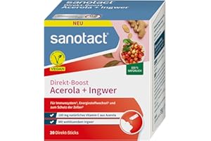 ‎SANOTACT sanotact® Direkt-Boost Acerola + Ingwer | 20 Sticks | 180 mg natürliches Vitamin C aus Acerola | mit Ingwer-Extrakt | Immun­system & Zellschutz¹ | vegan, zuckerfrei, glutenfrei, laktosefrei
