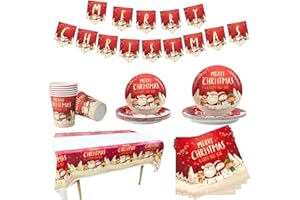 POPOYU Set da tavola di Natale, 16 ospiti, decorazione natalizia di carta, set di stoviglie con striscione natalizio, tovagliolo, piatti di carta natalizi e bicchieri, per feste di Natale, decorazioni per la
