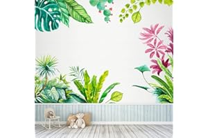 Wajade Wall Stickers Tropical Green Plants Wall Decals for Bedroom Living Room Red Leaves Wall Murals Removable Self-Adhesive Decals Art
