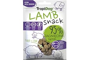 Premio monoproteico para Perros con 95% de Cordero, sin Cereales, azúcar ni conservantes. Ideal para Entrenamiento y Paseos. Bajo en calorías, favorece la higiene bucal - TropiDog Snack Lamb 70g