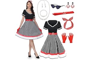 JONRRYIN Robe Année 50 Femme, Tenue Robe Guinguette Femme année 50, Accessoires Rockabilly Femme avec Gant Boucle Oreille Bandeau Chat Lunettes Colliers, Costume Annee 50 Femme pour Carnaval
