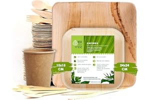 Box and Tree| 150 Pièces Vaisselle Jetable en Palmier 50x Assiettes, 75 Couverts en bois bambou(fourchette + couteau + cuillere) -25 Gobelets, Assiettes en Feuilles de Palmier Compostable & Neutre