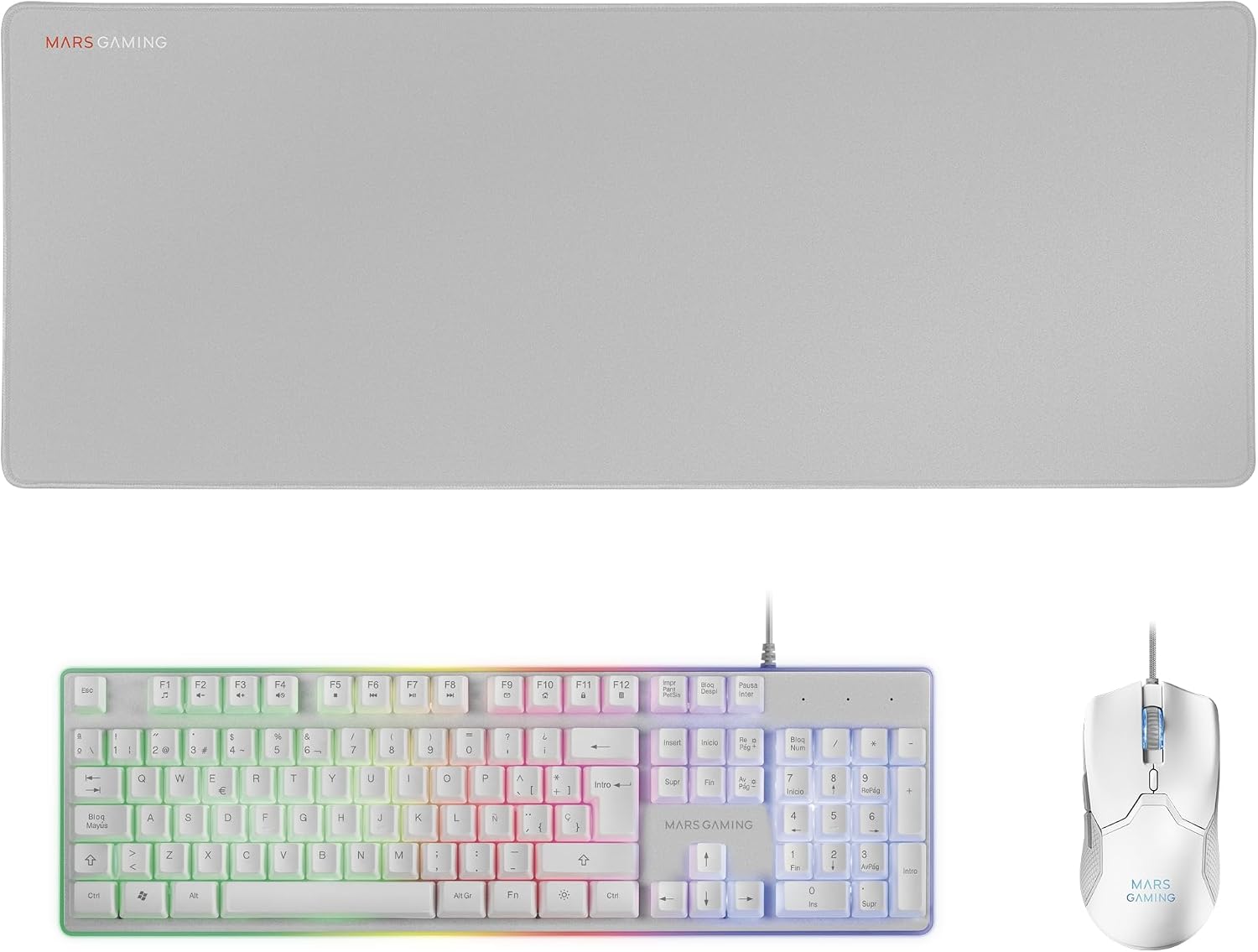 Mars Gaming MCPX, Idioma Español, Combo Gaming 3en1 con Teclado H-Mech Iluminado, Ratón Ultraligero 10000 dpi con Software y Alfombrilla XXL, Compatible con PC, PS4, PS5, Xbox, Blanco