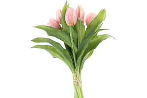 mucplants künstliche Tulpen Tulpenbündel mit 4 Tulpen und 3 Tulpenknospen real Touch (Rosa)