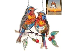 NBOFOL Sun Catchers For Windows,Hanging Garden Suncatcher Robin on Branch,Large Heart-Shaped Robin Suncatchers Stained Glass,Ro/bin Garden Ornament,Acrylic Window Hanging for Gar/den Gift Decor#10