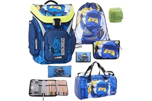 FAMILANDO Lego tornister szkolny Explorer z motywem Lego Ninjago, Jay Blauer Ninja 7-częściowy zestaw z piórnikiem, torbą sportową i osłoną przeciwdeszczową Spinjitzu Lloyd zestaw tornistrów szkolnych