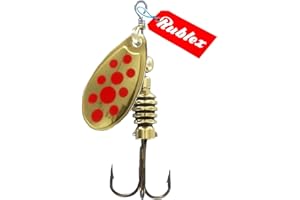 Rublex - Pack de 5 Cucharillas de Pesca Celta-2 OPR | Cebo Artificial de Pesca con Sistema Quita-Vueltas y Anzuelo Fácilmente Intercambiable, Color Oro Puntos Rojos, 3'5gr