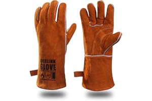 QeeLink Guantes de soldadura resistentes al calor y al desgaste, forrados de cuero, costuras ignífugas, para soldador, chimenea, barbacoa, jardinería
