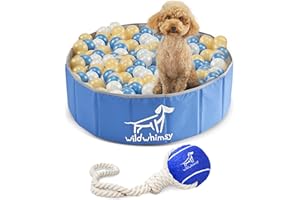Wild Whimsy Dog Ball Combo Pack 32" Inch Small Foldable Ball Pit & Rope Tug Toy - Indoor Outdoor Playpen with Metal Reinforcement Ring - Storage Case Included